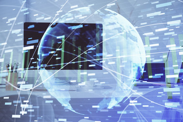 Double exposure of business theme icons and work space with computer background. Concept of success.