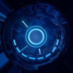Distortion photo of buildings in city looks like spaceship in universe.  Night time image with neon light.