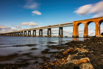 tay rail bridge viewed from fife, scotland, uk.