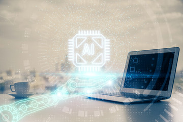 Double exposure of computer and technology theme hologram. Concept of freelance work.