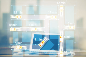 Desktop computer background in office with automobile hologram drawing. Multi exposure. Tech...