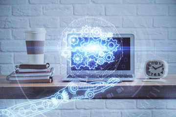 Technology theme drawing and table with computer. Double exposure. Concept of information.