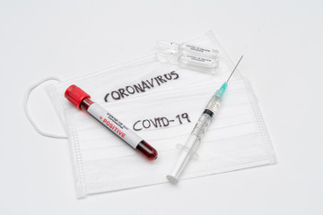 COVID 19 Coronavirus, infected blood sample in the sample tube, Vaccine and syringe injection It use for prevention, immunization and treatment from COVID-19