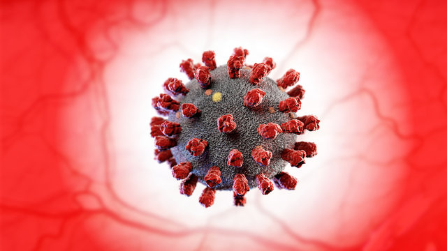 A dangerous COVID-19 Coronavirus cell 3D model illustration in front of a red dackground