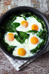 keto diet. Healthy omelet with spinach. Eggs with spinach in a frying pan.