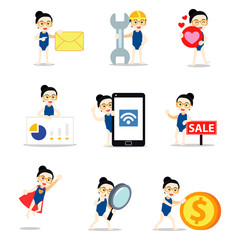 Set character of woman is going to swim with beautiful swim wear.