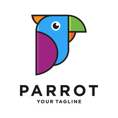 Parrot vector logo design template. Graphic exotic bird logotype sign and symbol. Geometric line style illustration isolated on background. Tropic animal badge for veterinary clinic pet food