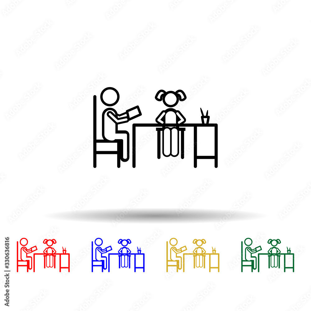 Poster home schooling, parent teaching multi color icon. simple thin line, outline vector of home schooling