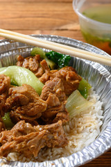 side view fast food with braise ducks and cabbage and rice vertical composition