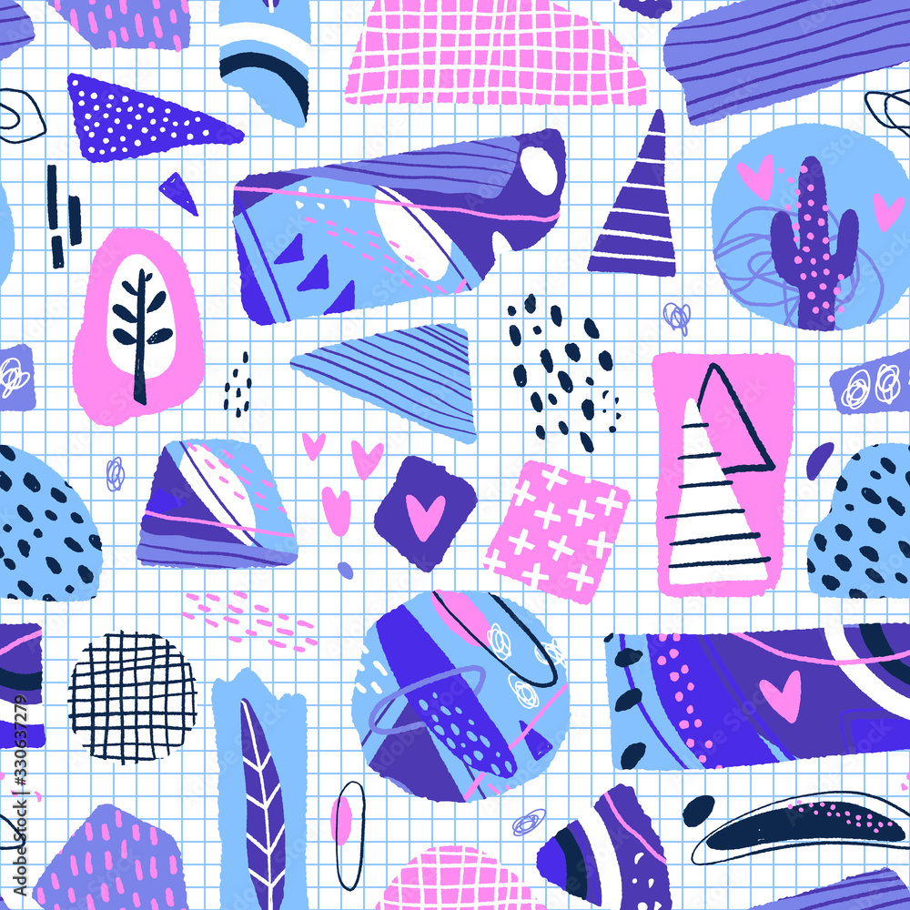 Poster abstract seamless pattern. modern background with abstract figures, stripes and floral elements. vec