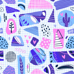 Obraz premium Abstract seamless pattern. Modern background with abstract figures, stripes and floral elements. Vector illustration
