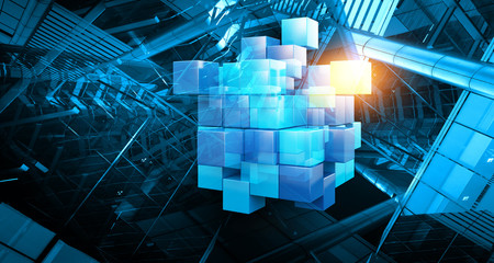 Floating shiny cube network . Mixed media