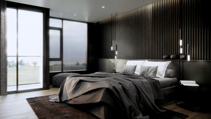 black modern bedroom interior design with furniture, 3d rendering background