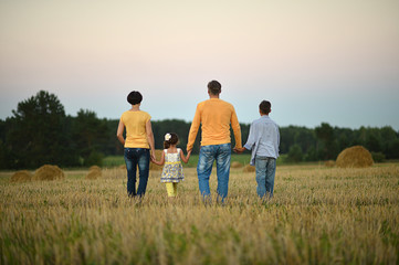 Portrait of happy family walking in summer field