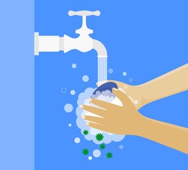 Washing hands under the faucet with soap, hygiene concept. Cleaning hands from germs, bacteria. vector illustration