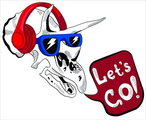 Dinosaur  skeleton triceratops with sunglasses and headphones vector illustration. Let's Go! - lettering quote. For Postcard, poster, composition for t-shirts, print in the style of hand-drawn © Ekaterina