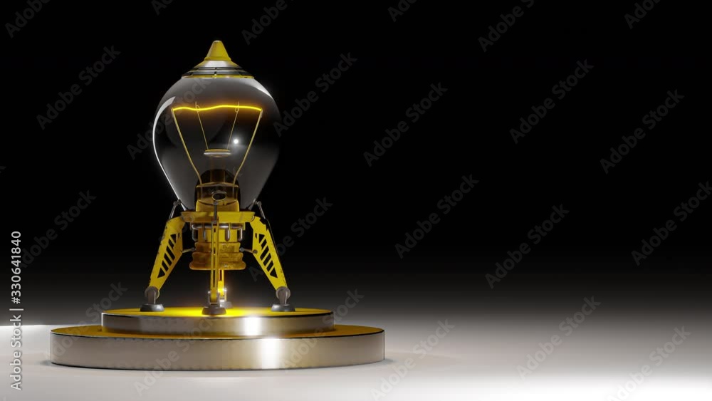 Poster start up concept. rocket that looks like a light bulb yellow color rotating on black background. ani