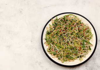 Mung bean sprouts salad with cucumbers and radishes in a white plate on a light background. Top view, flat lay