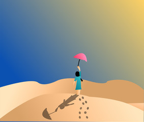 The girl standing alone among the hot desert
