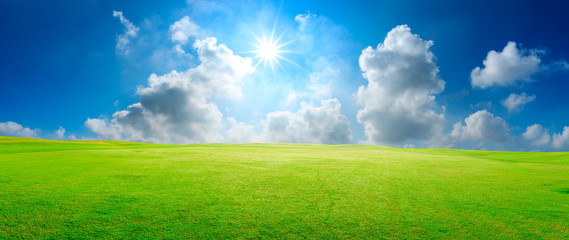 Green grass field and blue sky with white clouds,panoramic view.