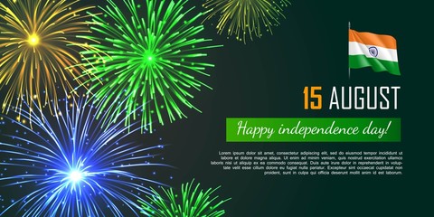 Happy India independence day web banner. Realistic fireworks and fluttering flag. Patriotic holiday celebrated 15th of August. National identity design in indian colors vector illustration.