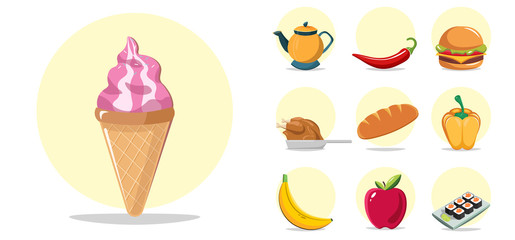 foods flat icon set with hamburger, ice cream, sushi, hot peppers, design element for illustration. flat icon