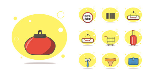 shopping icon set with woman purse, discounts, shopping cart design element for illustration. flat icon