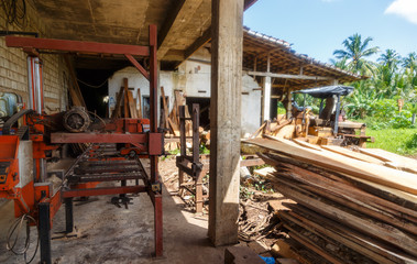 sawn boards and sawing machines, Asian sawmill on the background of a tropical forest. Sri lanka.