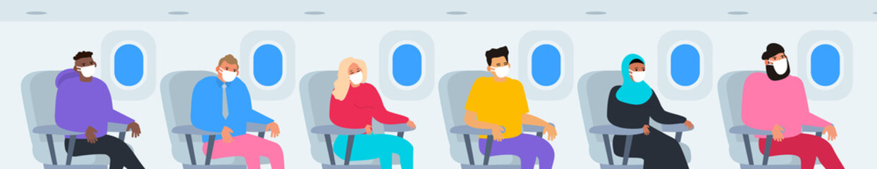 people in protective masks travel by airplane coronavirus covid 19 outbreak vector illustration