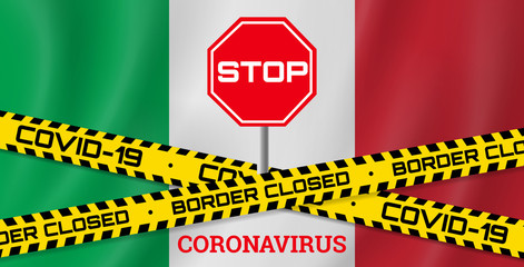 covid 19 coronavirus  border closed tape on italian flag background vector illustration