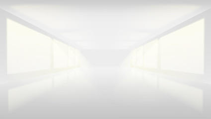 White empty Studio lit on both sides by large Windows. Soft gradient from the rays of the searchlight. Blank hall for background and display brand or product. White edition. Vector 3d illustration