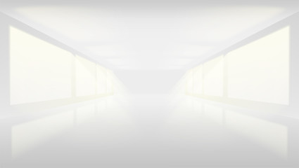 White empty Studio lit on both sides by large Windows. Soft gradient from the rays of the searchlight. Blank hall for background and display brand or product. White edition. Vector 3d illustration