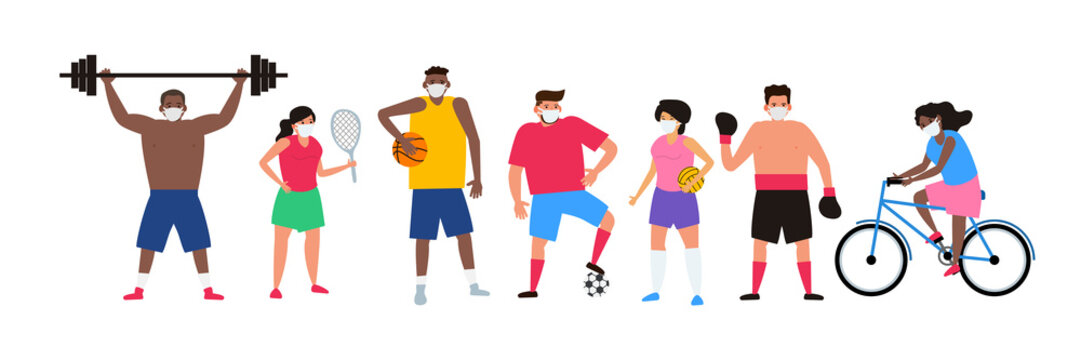 various sport players men and women in protective masks coronavirus covid 19 cancelled championship concept vector illustration