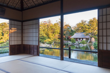 idyllic garden in Katsura, Arashiyama, Kyoto, Japan in autumn season