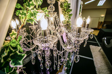 Indian wedding reception decorative crystal chandelier close up