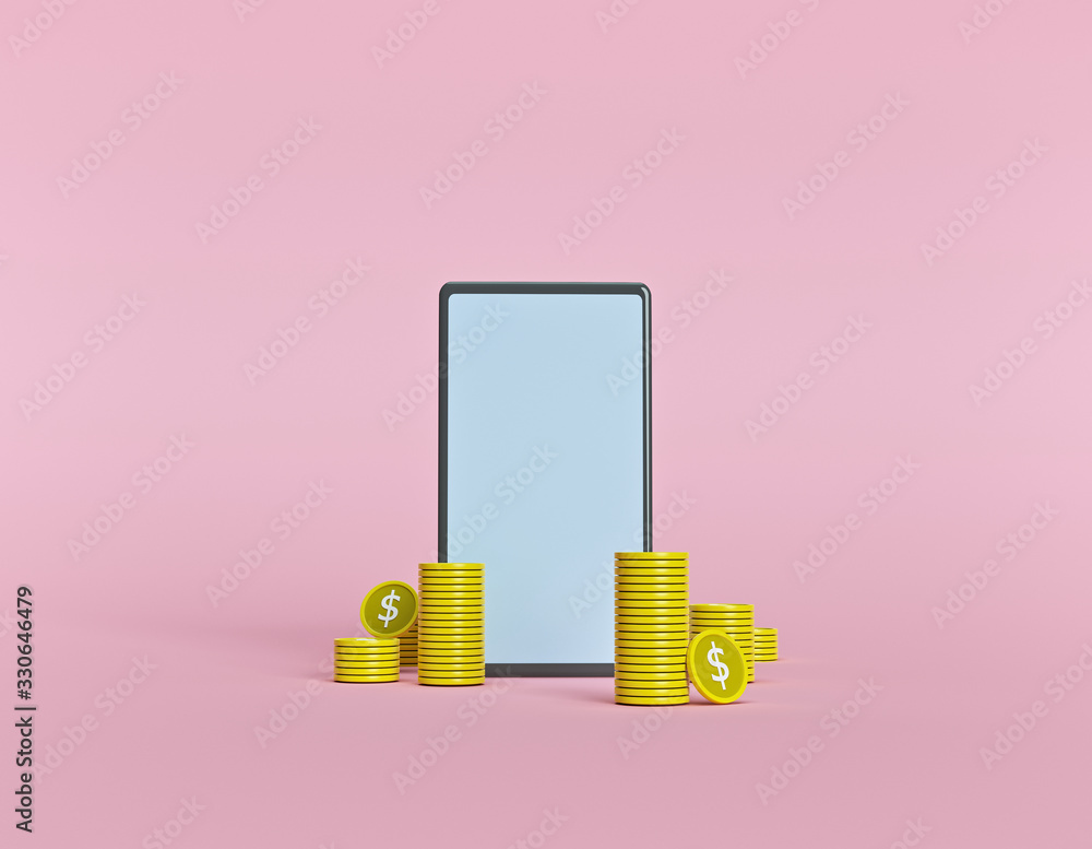 Poster stack of coins and modern phone isolated on pastel pink background. minimal design. 3d rendering