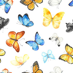 Watercolor seamless pattern with multicolored butterflies on white background