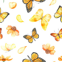Watercolor seamless pattern with yellow butterflies and flowers on white background