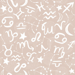 Seamless pattern. Signs of the zodiac, phases of the moon, sun and moon. Engraving style. Astrology.