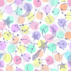 Seamless pattern. Signs of the zodiac, phases of the moon, sun and moon. Engraving style. Astrology.