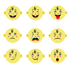 Cute baby face emoticon vector collections. Set of emoticons are laugh, cry, flat, smile, angry,  sad, and surprised.