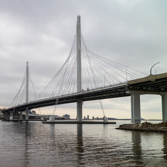 Fototapeta na wymiar St. Petersburg. Russia, October 20, 2019. The cable-stayed bridge across the Petrovsky fairway of the western high-speed diameter.