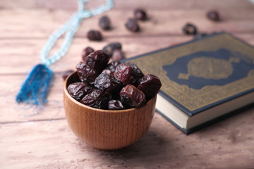 Close up of date fruit in a bowl. ramada concept 