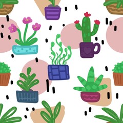 vector seamless pattern, indoor plants in pots on an abstract background, primitive simple drawings