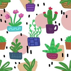 Fototapete Pflanzen in Töpfen Vektor nahtlose Muster, Zimmerpflanzen in Töpfen auf abstraktem Hintergrund, primitive einfache Zeichnungen