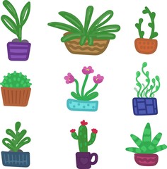 vector set of elements, indoor plants in pots, simple primitive drawings