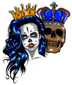 Tattoo Of King And Queen Of Death. Portrait Of A Skull With A Crown.