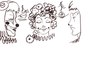 graphic black and white drawing two clowns and clowness