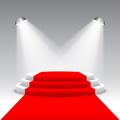 Stage for awards ceremony. White podium with red carpet. Pedestal with spotlights. Scene. Vector illustration.