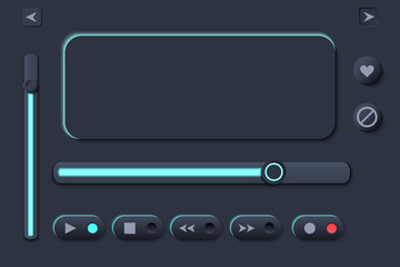 Neumorph UI Player kit with buttons and slider and switches. Dark set. Workflow Control and navigation elements in Skeuomorph Trend. Design for smart technology applications. Vector illustration.